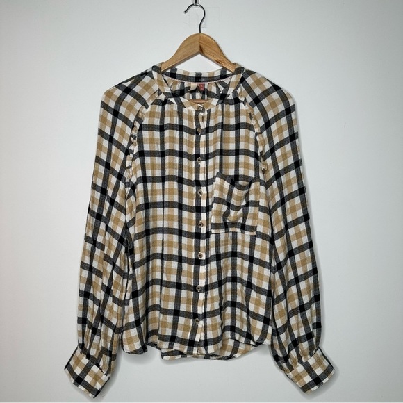 Pilcro Anthropologie Check Button Down Ruffle Shirt Size Large - Picture 1 of 10